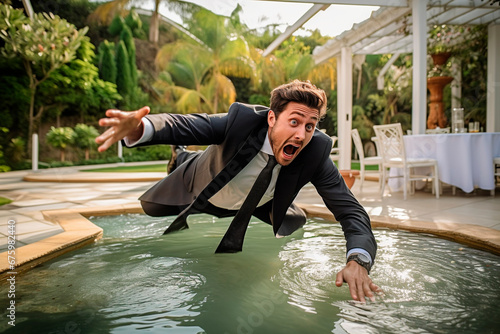 A suited groom accidentally falls into a swimming pool at a wedding party. Confusion at a wedding party in a villa.