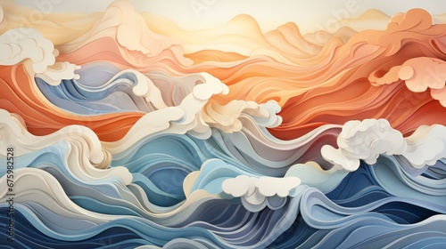Serene Waves of Color: Abstract Illustration of Stylized Ocean and Sunset