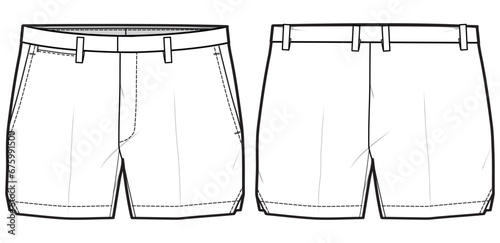 Men's cropped chino shorts design flat sketch fashion illustration with front and back view. twill Shorts cad drawing vector template