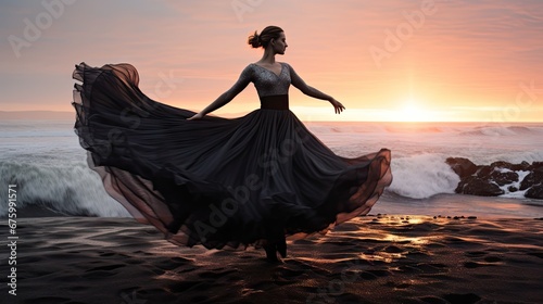  a woman standing on top of a beach next to the ocean wearing a black dress and holding a black shawl. generative ai