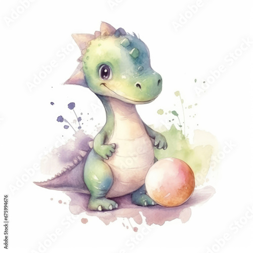 Cute watercolor dinosaur with christmas ball. Green Dragon symbol of a New Year 2024. Fabulous Dragon in cartoon style. Watercolor illustration isolated on white background