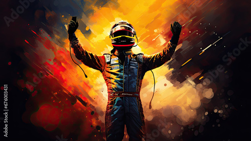 Digital Art of Winning Race Car Driver’s Silhouette, Grand Prix Victory Celebration