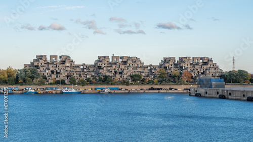 Habitat 67 housing complex at Cité du Havre, on the Saint Lawrence River, Montreal, Quebec, Canada, designed by Israeli-Canadian architect Moshe Safdie.