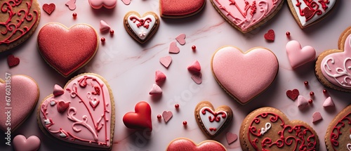 An artistic composition of cookies with a Valentine motif decorated with royal icing. Happy Valentine's Day card. Birthday, children party invitation.