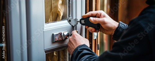 Worker install of a lock on the front door. locksmith working on unlock the door knob.
