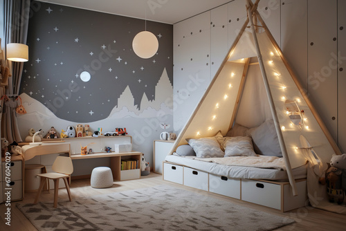 Children's room interior with white walls and bed