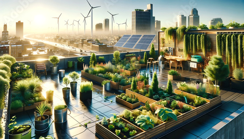 Greener Living: A Rooftop Garden Oasis with Wind Turbines and Solar Panels in the Background, Created with Generative AI Technology
