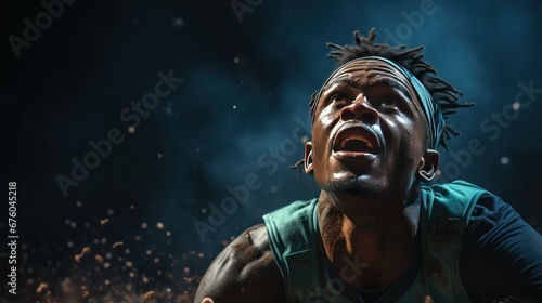 Portrait of a strong, African-American athlete, basketball player looking up, against a bright background with copy space.