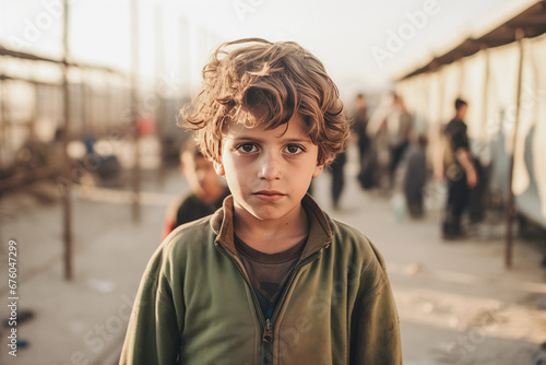Portrait of an orphan child refugee boy at border checkpoint of tent camp. Concept Illegal immigrant due to war, loss of home