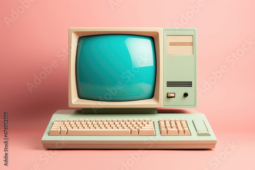 Vintage computer monitor and keyboard on bright background. Technology concept
