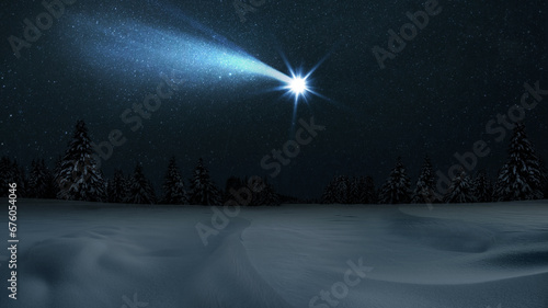 Christmas night. The first star lit up in the winter forest with snow and the night starry sky. Christmas Eve concept. Comet falls in the starry night sky 2024