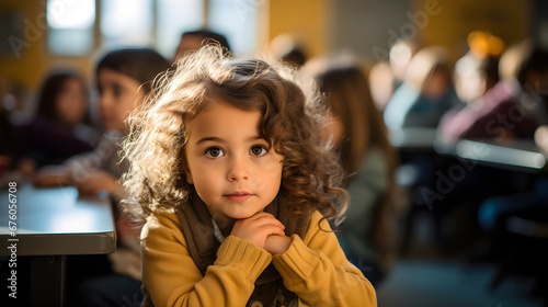 niña latina en un aula escolar preesolar atenta y concentrada seria y pensativa, cabello con luz y niños al fondo