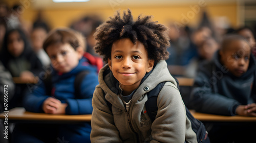 niño latino sonriente en salon de clase escuela aula de primaria con niños al fondo 