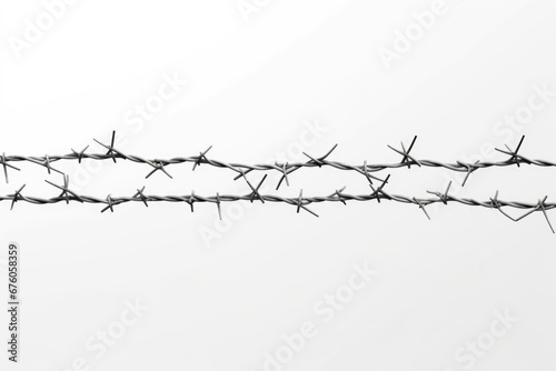 A black and white photo capturing the sharpness and intricacy of barbed wire. This image can be used to depict concepts of confinement, boundaries, security, or danger.