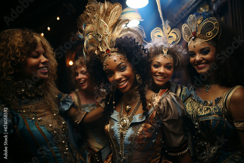 women of different ethnicities enjoy the carnival party, they are dressed up in costumes and are smiling and happy. they wear masks on their heads.