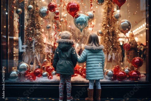Two adorable little girls standing in front of a beautifully decorated Christmas window. Perfect for holiday-themed projects and advertisements