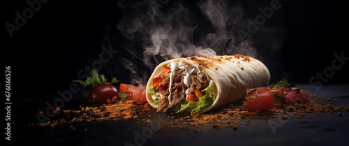 fresh grilled beef turkish or chicken arabic shawarma doner sandwich with flying ingredients and spices hot ready to serve and eat food commercial advertisement menu banner with copy space area