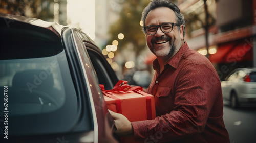 hombre latino con barba sonriente guardando regalos en su auto, caja con moño rojo, obsequio