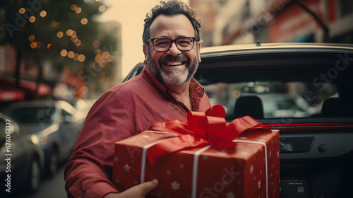 hombre latino con barba sonriente guardando regalos en su auto, caja con moño rojo, obsequio