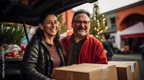 pareja de personas latinas con cajas de regalos que van a guardar en sus autos, sonrientes y con luces de celebracion 