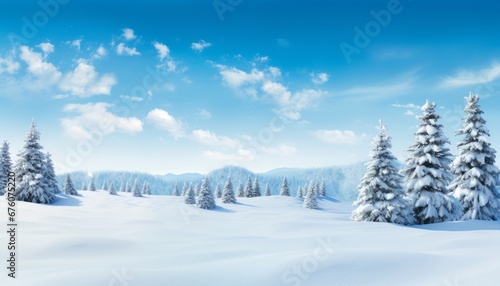 Winter wonderland enchanting panoramic snowscape with glistening fir branches and delicate snowfall