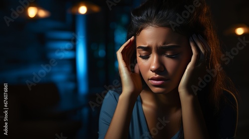 Stressed woman sitting in a well lit room, massaging her temples with a pained expression