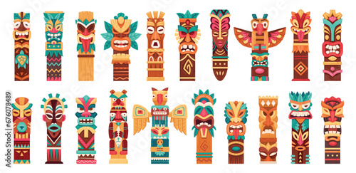 Ethnic tiki totems. Cartoon ritual hawaiian and african wooden statues, traditional carving sculptures, aboriginal culture indigenous pole totem flat vector illustration set. Native tiki figures