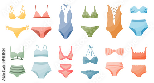 Set of women's bikini swimwear, swimsuits on a white background. Women's clothing icons, vector