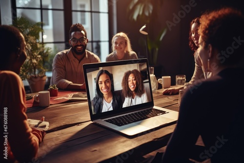 A diverse group of friends coming together in a virtual meeting, connecting across distances through screens to share moments and conversations.
