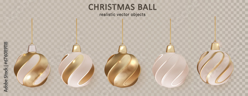 Christmas gold balls isolated. Stocking Christmas decorations. Vector gold, glass xmas bauble set template.