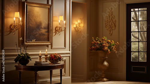 Elegant foyer featuring walls in liquid gold hue, capturing the serene yet vibrant essence of American Tonalism, illuminated by soft, chiaroscuro lighting that recalls Renaissance artistry