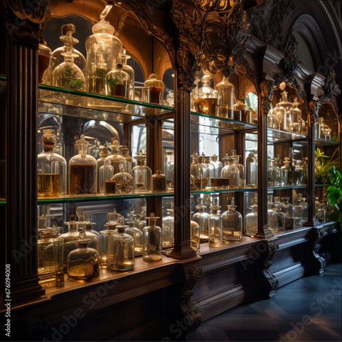italian baroque, elegant, vintage niche perfume shop, bazar, 1000 perfume bottles, wooden shelf, perspective, dimmed light, plants, glass