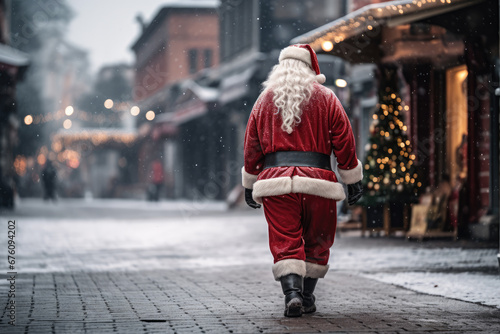 Back view of Santa Claus walking down the street. AI generative art