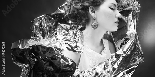 Amazing Muse concept. Profile arty portrait of young woman in white vintage dress, wrapped in silver foil, posing over gray background. Retro hairdo. Porcelain skin. Close up. Studio shot