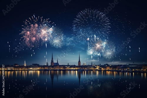 Feuerwerk zu Silvester über der Stadt am Horizont. Raketen und Böller zum Jahreswechsel und zur Neujahr Party. Hintergrund mit Platz für Text.