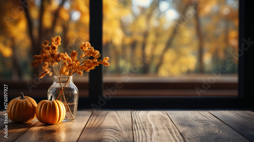 Interior of Table background of free space and autumn window. AI generative