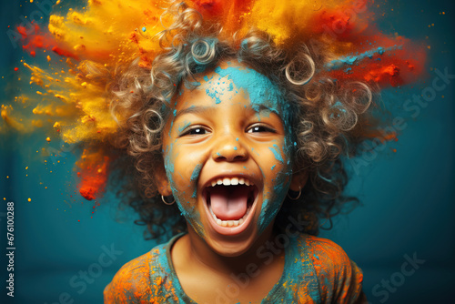 Joyful Child with Colorful Face Paint in Artistic Studio Portrait