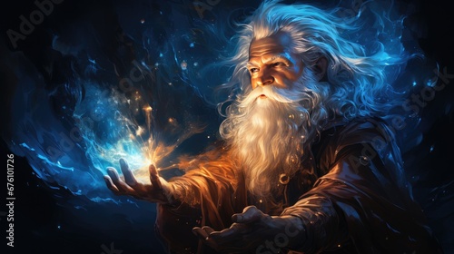 The magic of Santa Claus. An old man with a white beard casts a spell realistic illustration. The magic of Christmas. Fairy tale character magician casts a spell. Magic ritual. Generative ai