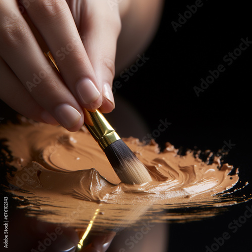 Mano de mujer mezclando base de maquillaje con una brocha