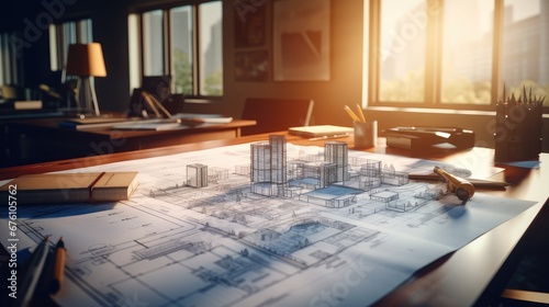 a housing construction project within the real estate domain, detailed residential building plans neatly arranged on an architect engineer's office desk, ample copy space against a background.