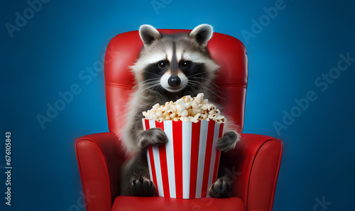 funny racoon watching 3D movie in 3d glasses with popcorn on flat background at home 