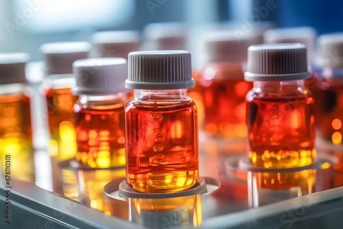 colorful hot-tone liquid in small container bottles in a fancy chemical lab experiment waiting to process in production trial. 