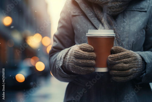 Person having hot coffee on the go outdoors on winter day. Person is having a walk with hot drink. Enjoying coffee on the go