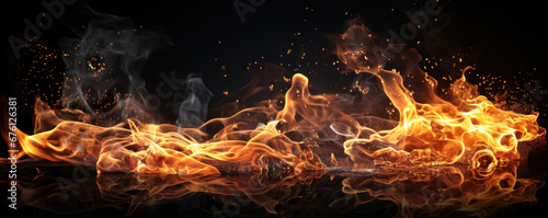 Fire of burning fuel isolated on black background, banner of abstract flame pattern at night. Concept of texture, nature, smoke, wide banner