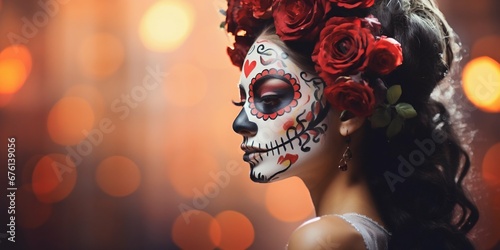 Girl Adorned with Skull Face Paint and Roses for Day of the Dead. Generative ai