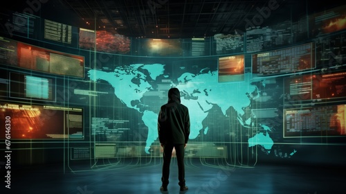 a lone figure standing in front of a large screen displaying classified information, hinting prevailing surveillance in digital age.