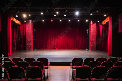 A view of an empty stage of a comedy club with open mic, waiting for performers, chairs setup for audience, theater atmosphere reigns. Nobody