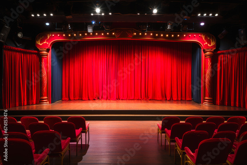 Empty stage of a comedy club with open mic, waiting for performers, chairs setup for audience, theater atmosphere reigns. Nobody