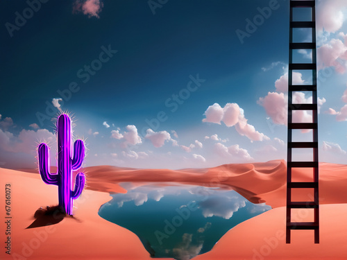 acqua lago nel deserto rosa con cactus e scala immagine fantasia 