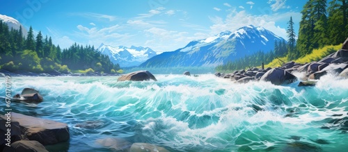 The vibrant colors of the summer sky reflected in the crystal clear water of the rushing river showcasing the beauty of nature against the majestic mountain backdrop as waves crashed against